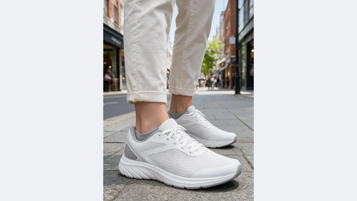 AI shoes on feet demo: a white sneaker product photo turned into a street on-foot close-up