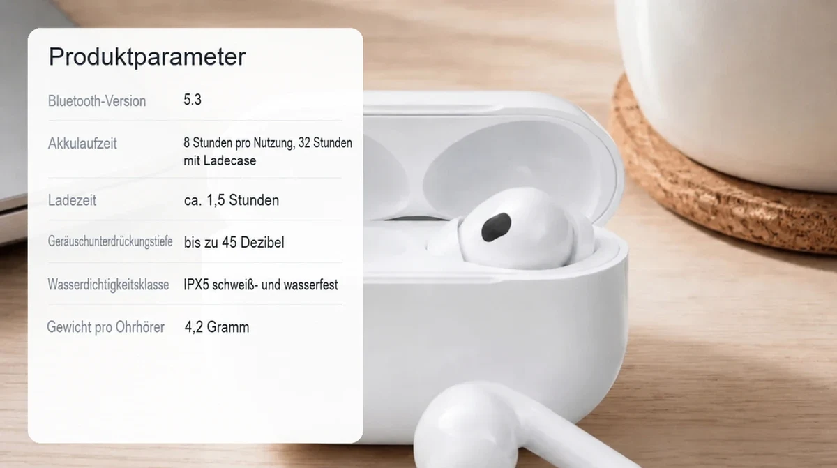 Spec table translated into German with numbers and model names unchanged: earbuds before and after